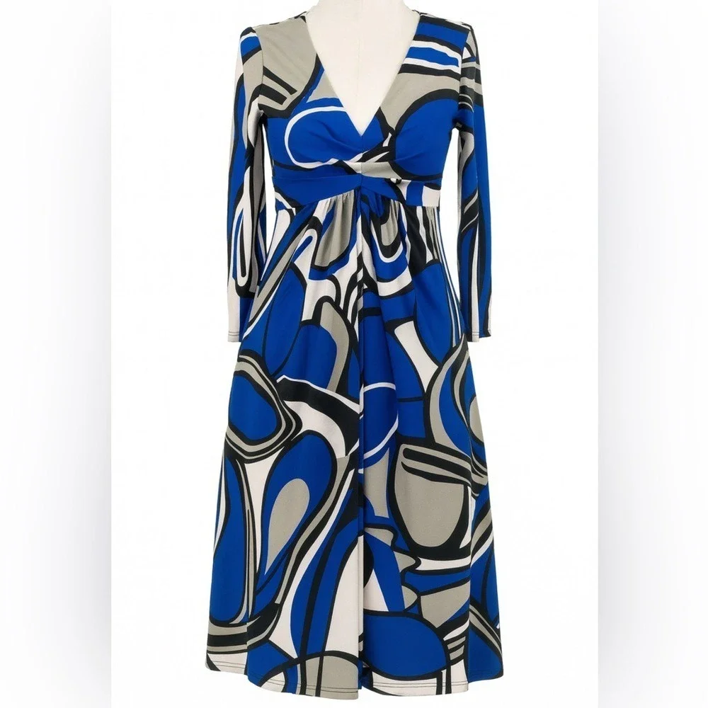 Bisou Bisou Blue Abstract Swirl Midi Dress Size 6 Stretch 3/4 Sleeve